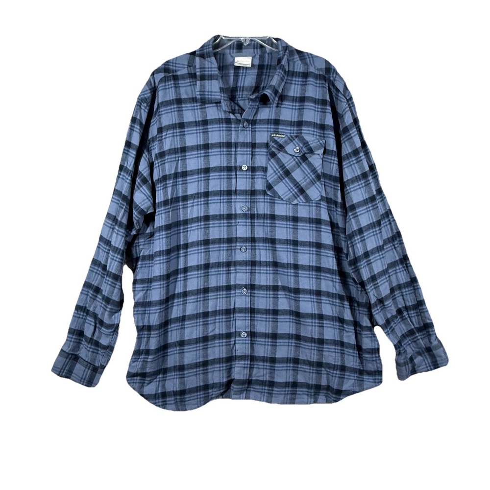 Columbia‎ Men XXL Blue 100% Cotton FLANNEL Button Up Outdoor Hiking Plaid 2XL